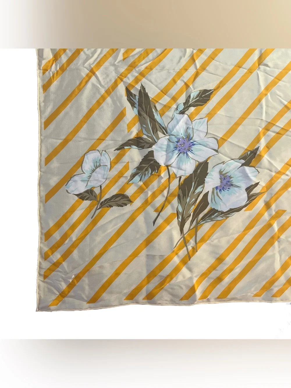 Vintage Christian Dior Silk Scarf 70s Floral Stripe Gold Hand Rolled 27 Inch